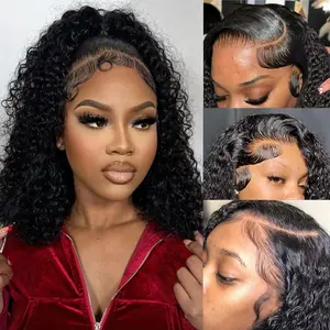 Gk Women's Short Deep Curly Bob Human Hair Lace Front Wig, 180% Density 13x4 Transparent Lace Frontal, Pre-Plucked with Baby Hair, Natural Hairline, Glueless Beginner Wig, Summervibes