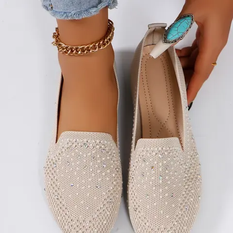 Women's Knitted Loafers with Rhinestone Decorations, Breathable Flyknit Upper, Round Toe Comfort Slip On Flats Shoes for Daily Wear & Casual Footwear
