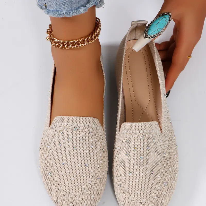 Women's Knitted Loafers with Rhinestone Decorations, Breathable Flyknit Upper, Round Toe Comfort Slip On Flats Shoes for Daily Wear & Casual Footwear