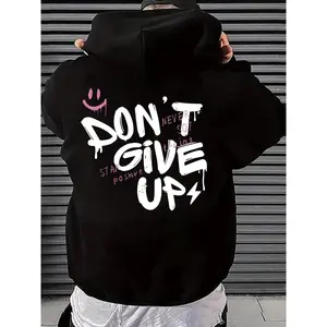 Oversize Men's Letter Print Hoodie, Cotton Blend Thermal Lined Streetwear Pullover with Pocket for Fall, Baggy