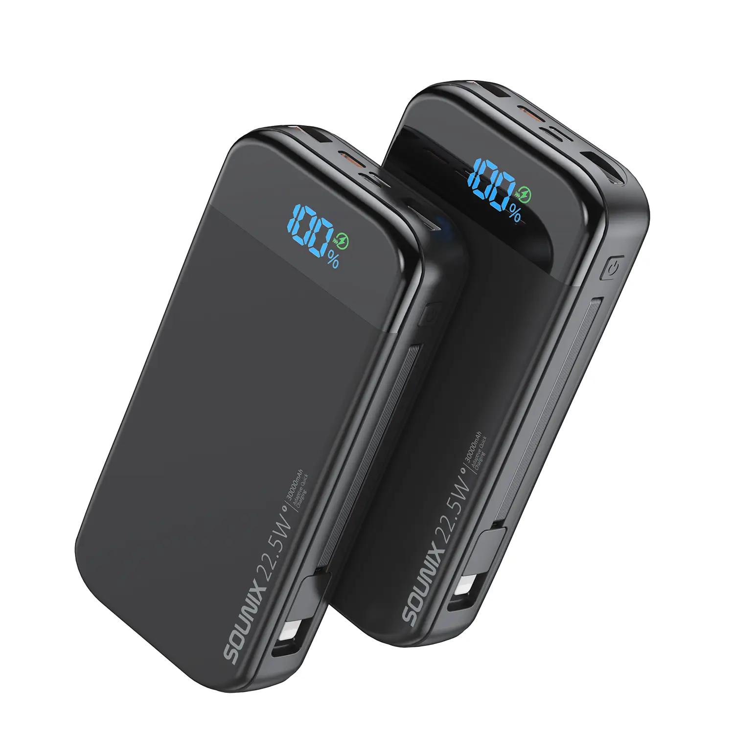 32000mAh Portable Charger with Built-in Cables, 22.5W Super Fast Charging Power Bank, Dual USB Output, 5 Outputs & 3 Inputs, 5 Outputs LCD Display Tra