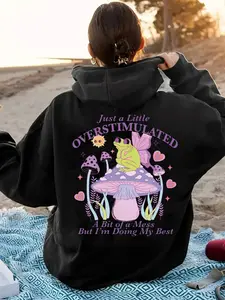 Women's hooded sweatshirt, magical mushroom and star printed pullover, machine washable, comfortable autumn and winter clothing, casual daily and themed activities, comfortable fit, seasonal clothing, geometric patterns, fashion enthusiasts