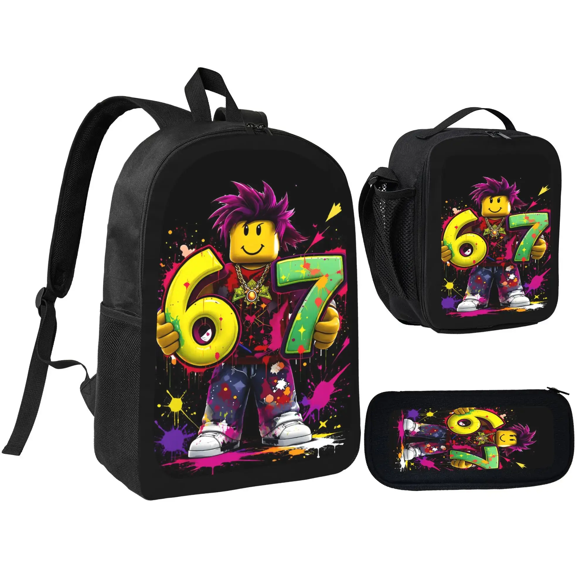 Roblox Style 67 Graffiti 1/3 Piece Backpack Set Street Art Print School Bag Lunch Bag Pencil Case Daypack Gamers Gaming Backpack Roblox Inspired