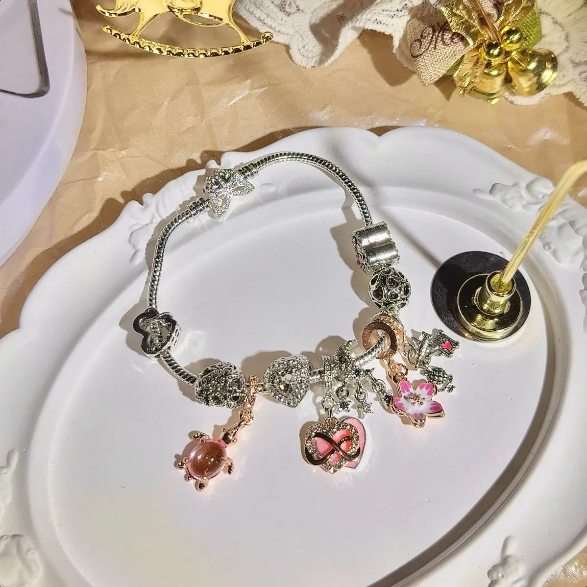 Silver Spacer Bead Charms Set for Bracelets 10 Pack Unique Design CZ Pendant Special Gifts