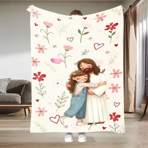 Ultra Soft Flannel Blanket, Premium Fuzzy Bedspread, Lightweight Multi-Use Throw, Cartoon Jesus & Girl Print, Ideal for All Seasons