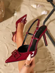 Women's Patent Leather Pointed Toe Slingback Stiletto Heels with Square Buckle Accent, Stylish High Heels for Party, Evening Events, Fashion Occasions & Daily Outings, Trendy Versatile Footwear for Women, Chic Sleek Shoes