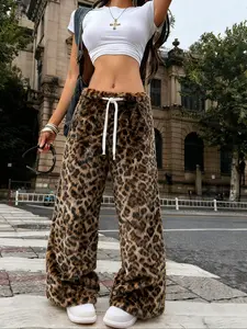 Y2K Leopard Print Women's Joggers Pants, Fleece Lined Warm Sweatpants for Fall Winter, Casual Fashion Long Trousers for Ladies, Bold And Trendy Touch