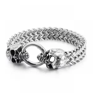 Stainless Steel Gothic Double Skull Chain Bracelet with Ring Clasp for Men Biker Punk Rock Party Halloween Jewelry