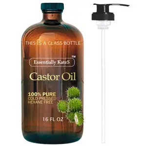 Essentially KateS Castor Oil 16 Fl Oz (Glass Bottle) - Original - A Huge Glass Bottle with a Pump - 100% Pure and Natural, Cold Pressed, and Hexane-Free - Hair and Body