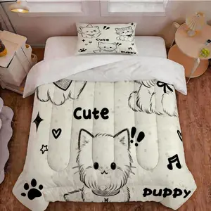 Cute Sketch Pet Cat Comforter Set, 2/3 Pieces, Coquette Aesthetic Bedding, Smooth Microfiber Fabric, Without Pillow Inserts, Ideal for Bedroom/Dorm Decoration, Great Holiday Gift Option