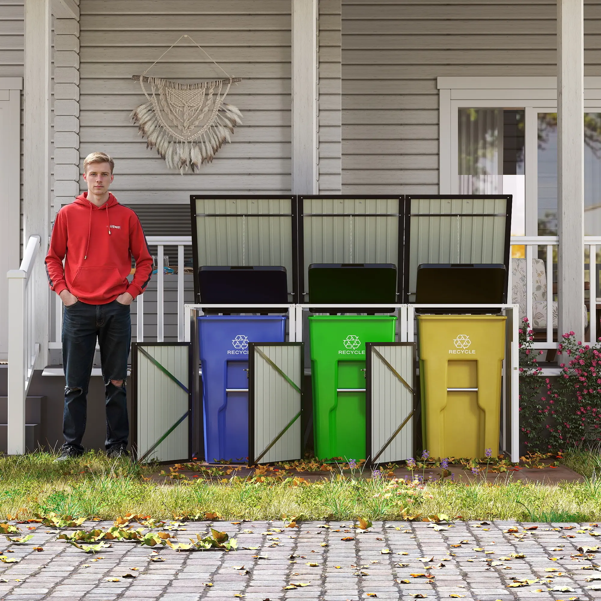 Garbage Bin Shed Stores 3 Trash Cans with Pneumatic Support Rod, with Lockable Doors & Waterproof Lid Chain, for Patio,Garden,Backyard,Grey Box Cute