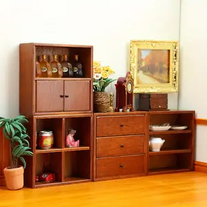 4-Piece Maroon Wooden Modular Cabinet Set 1:12 Miniature DIY Furniture for Tiny Home Scene, Perfect Collector Gift