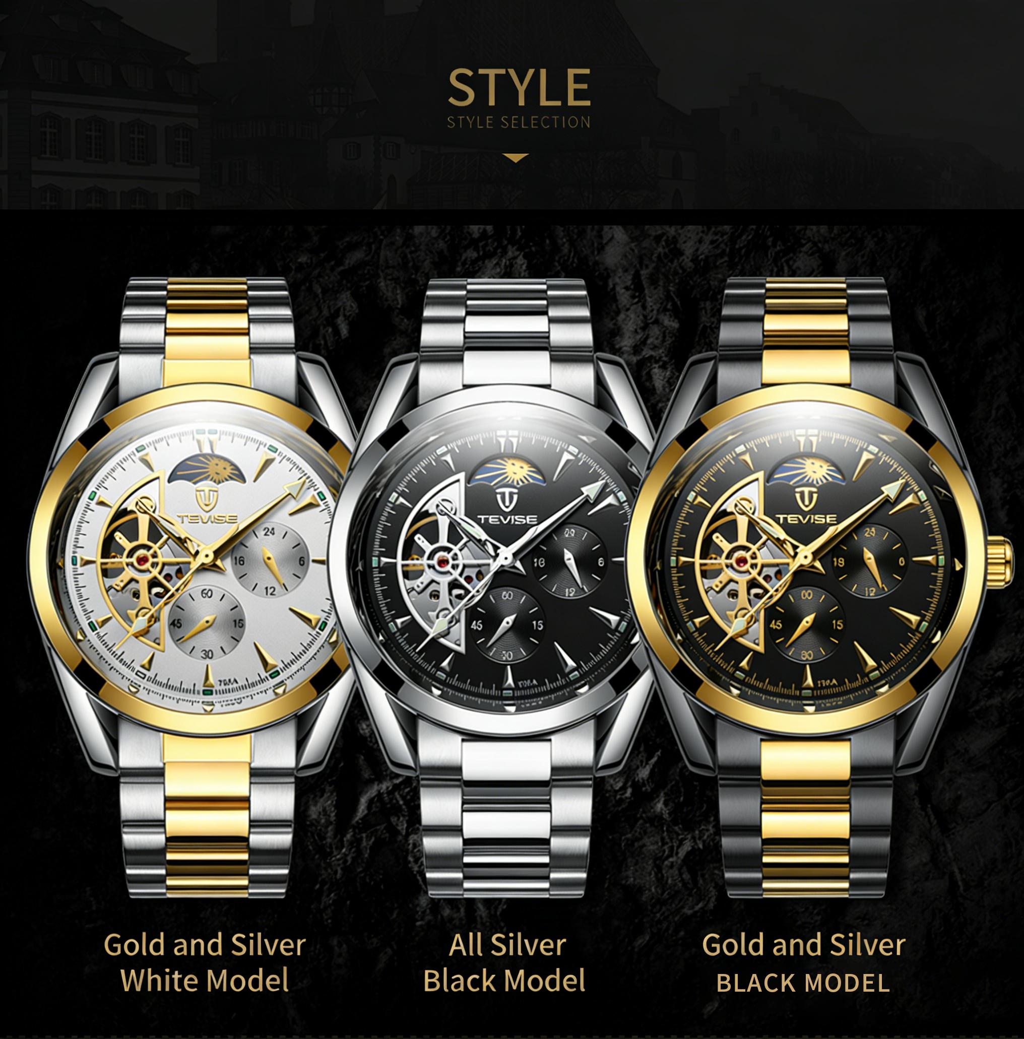 Luxury Men's Skeleton Watch, Moon Phase, Automatic Movement, Business Stainless Steel Wristwatch