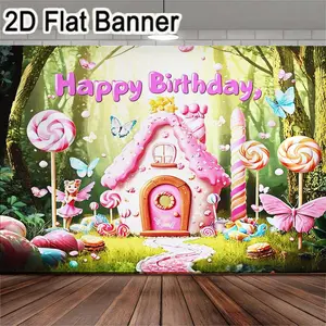 2D flat banner, 1pcWhimsical Fantasy Birthday Backdrop with Pink Gingerbread House, Candy Lollipops, Fairy & Forest Decor for Sweet Party Celebrations