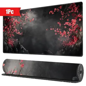 BHJLAXR Cherry Blossom Pattern Mouse Pad, Extended Large Desk Mat, Non-slip Rubber Base Stitched Edge Long Desk Pad for Computer Gamer