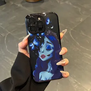 Blue butterfly girl pattern Mobile Phone Case Camera Lens Protection for iPhone 15 16 14 Promax 13 12 11 XR XS Plus Shockproof Non-slip Silicone Transparent Acrylic Large Hole Mobile Phone Protective Film Cover Cellphone