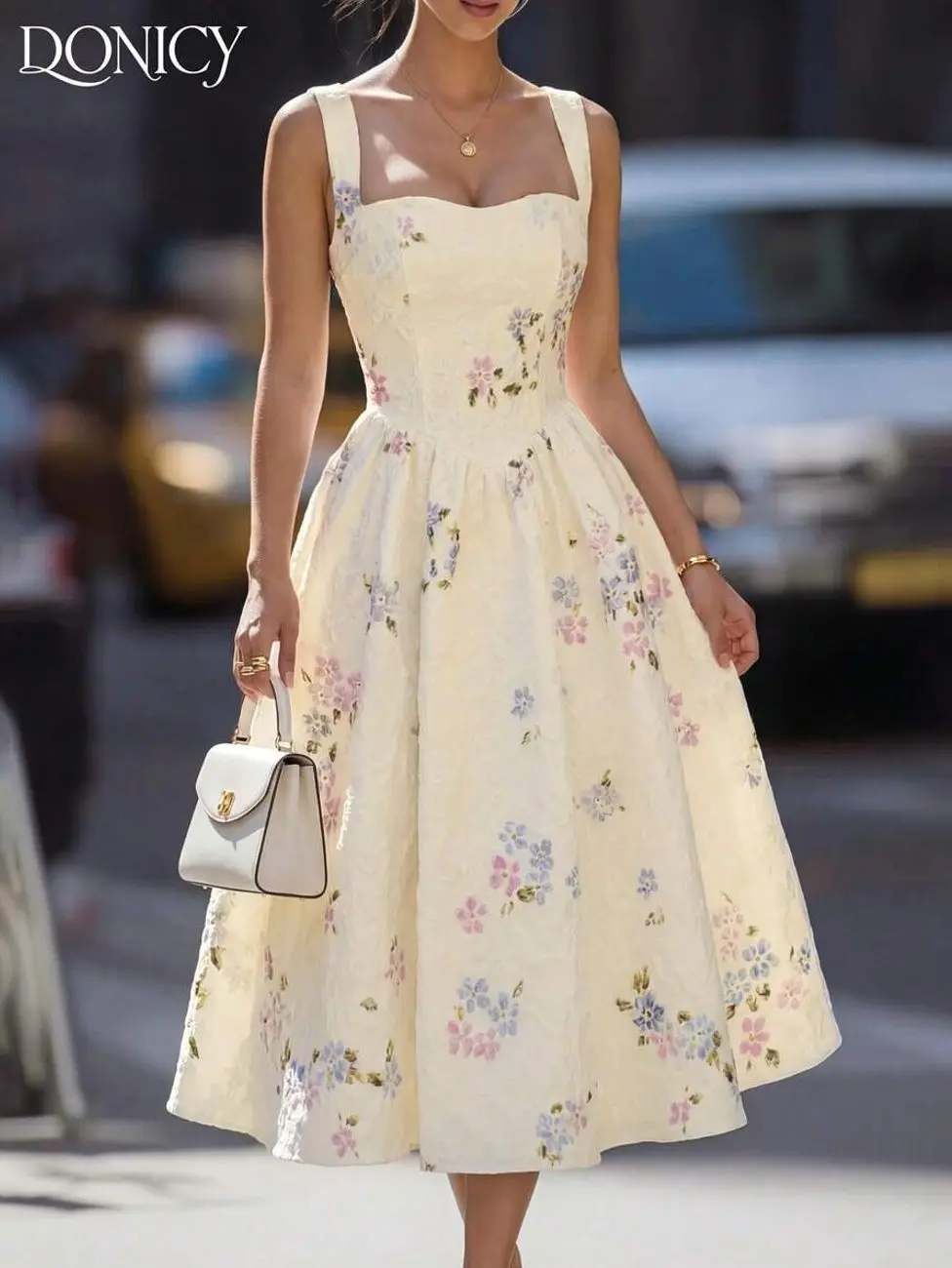 Women's Apricot Floral Ruffle Hem Midi Dress, Square Neck Sleeveless Dress, Sweet Romantic Summer Holiday Dress
