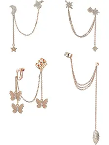 4 Pcs Rose Golden Silvery Luxury Varied Ear Cuff Kit for Women Men Durable Copper Stainless Steel Assorted Trendy Styles Star Moon Ornament Delicate Chain Cuffs Leaf Claw Studs Versatile Matching Ability for Daily Wear Festival Fashion Jewelry Collection