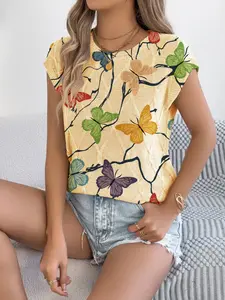 Women's Boho Style Butterfly Animal Print Knit Sweater, Round Neck Short Sleeve, Casual Breathable Colorful Top for Spring Summer Fall