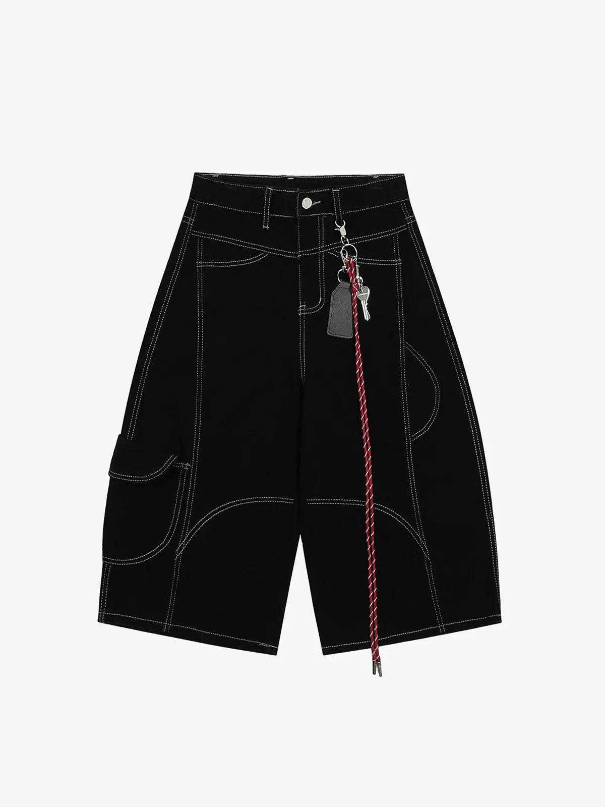 Thesupermade Welt-Embellished Denim Cargo Jorts | Contrast White Stitch Keychain Large Pocket Streetwear Short Men