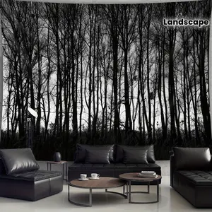 A Large-Sized, Serene Black And White Forest Landscape Photo Tapestry, Featuring Digital Printing on Polyester, Perfect for Decorating Living Rooms, Bedrooms, Offices, And Party Spaces, with Wall Decor That Requires No Installation.