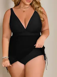 Plus Size Solid Color Adjustable Strap Swimsuit, Casual V Neck Tummy Control Swimwear for Beach Holiday Vacation, Women's Plus Swimsuit for Summer, Summer Swimsuits