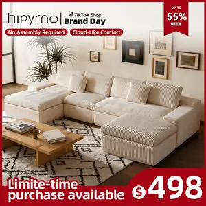 HipyMo 136‘’ 4-in-1 Plush Corduroy Cloud Velvet Sectional Sofa & Bed - Modular L/U-Shaped Boneless Couch with Chaise & Ottoman for Ultimate Comfort & Custom Layouts, No Assembly Required, 5-Seater Living Room Furniture