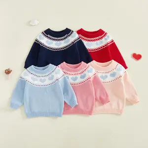 Babamoon Toddler Baby Boy Girl Valentine's Day Sweater Heart Print Crewneck Long Sleeve Pullover Chunky Knit Tops Jumpers