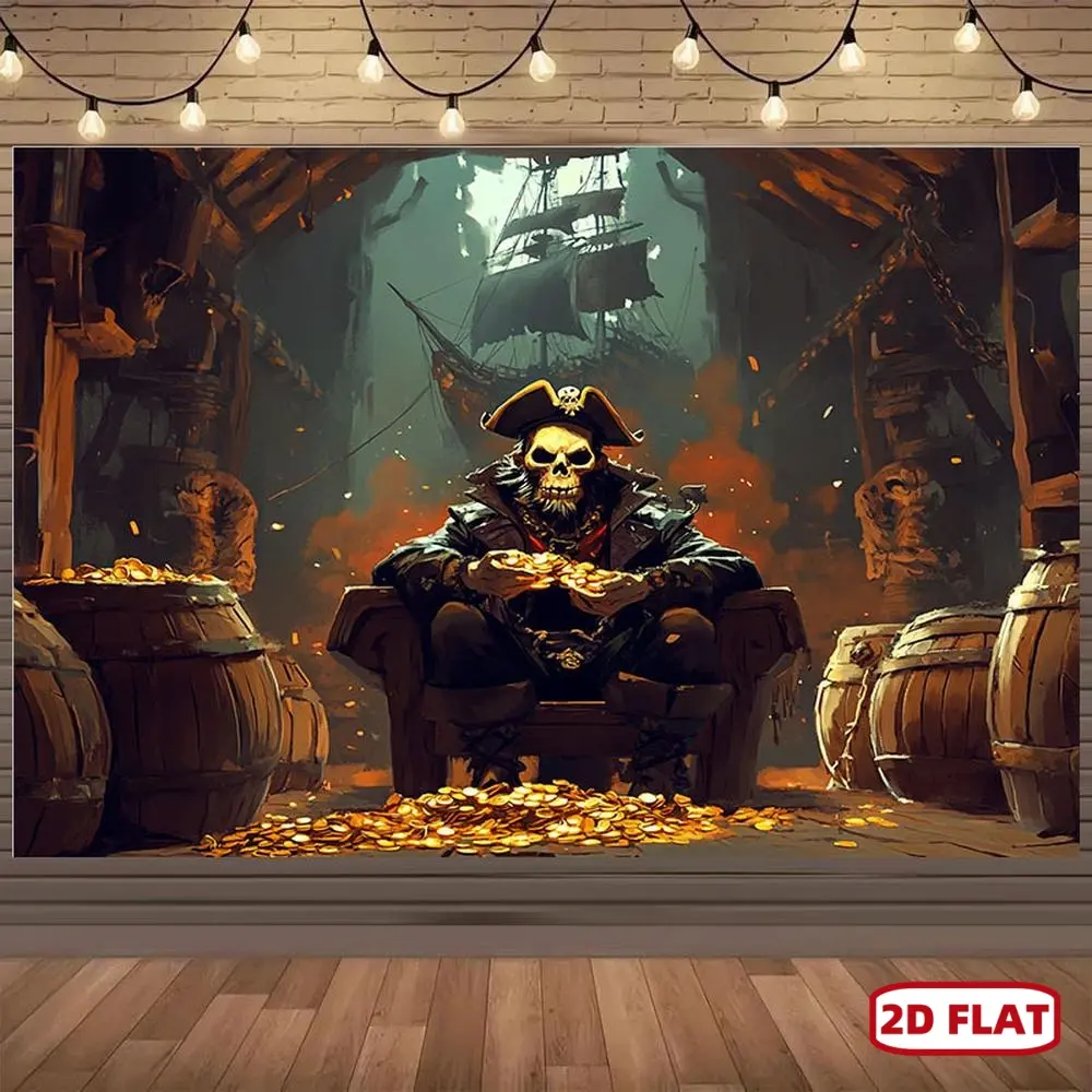 1pc 2D Flat Pirate Treasure Backdrop Banner - No Electricity Needed, High-Quality Polyester Fabric with Vivid Pirate Ship & Golden Coins Design for Halloween, Caribbean Theme Parties, Photo Backdrops