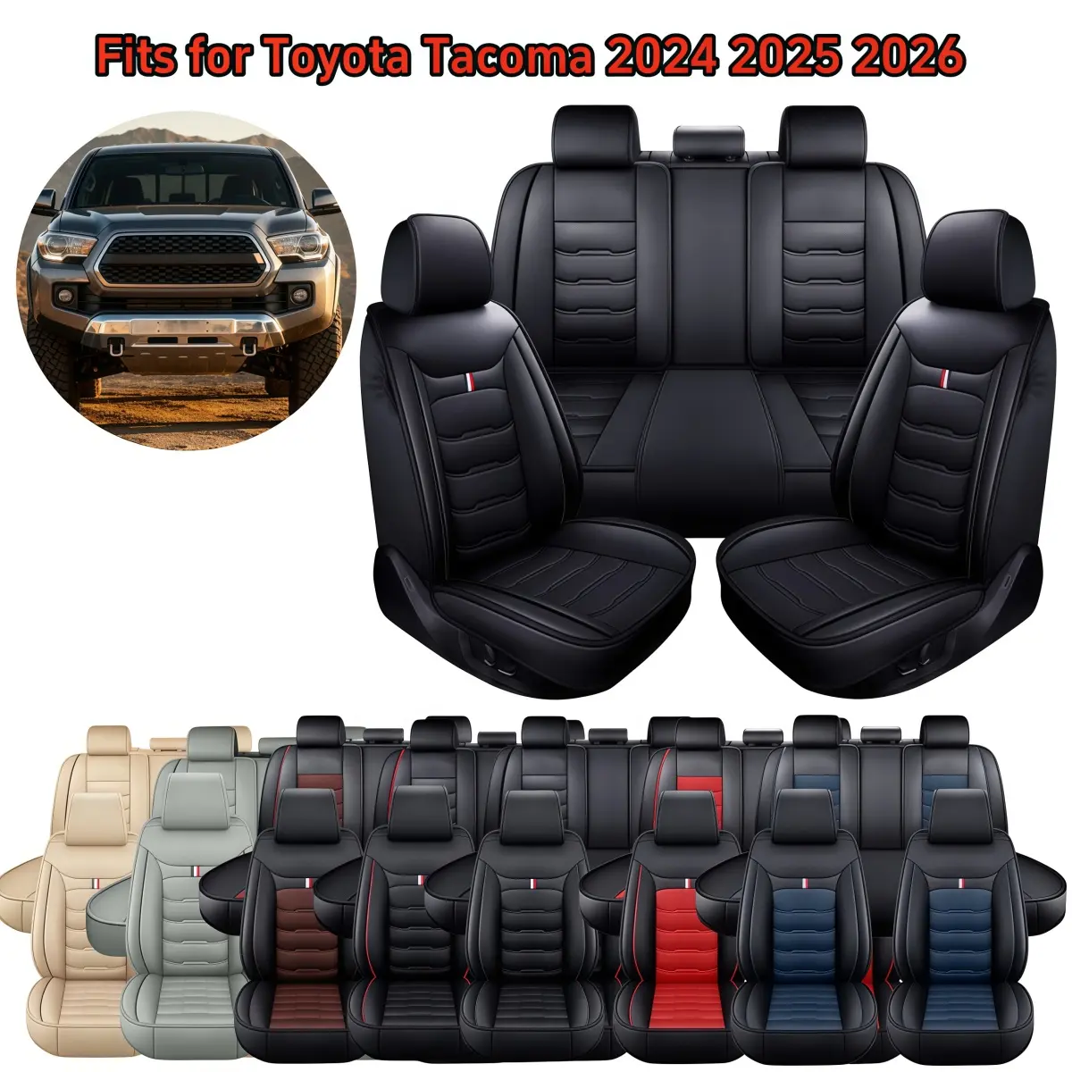 Fits for Toyota Tacoma 2024 2025 2026 Double/Crew Cab SR SR5 TRD Sport TRD Off-Road PreRunner Trims Full Set Car 5 Seat Covers Truck Pickup Waterproof Breathable PU Leather Front Rear Seat Cushion Protector Pad, Leather Seat Covers Gift Sets, Seat Cover G