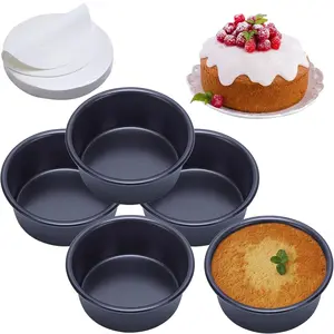4 Inch Cake Pan Set of 5, Nonstick Cheesecake Round Cake Pans with 100 Pieces Parchment Paper, Mini Cupcake Tins for Baking, Non-Toxic & Leakproof Circle Cupcake, Aluminum Material Food Grade Coating