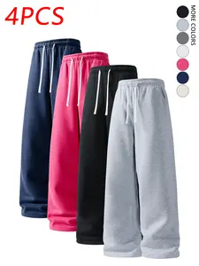 4 Pack Men's Solid Drawstring Loose Straight Sport Pants,Unisex Versatile Sweatpants,Casual Trousers,Plain Joggers,Suitable For Daily Wear,Commute,School,For Fall Menswear,available in 4 pack & 1-pack options,Please place an order according to size chart