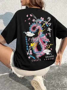 Women's Graphic Half Sleeve Crew Neck Tee, Black Graphic Summer T-shirt, Casual Loose Drop Shoulder Top