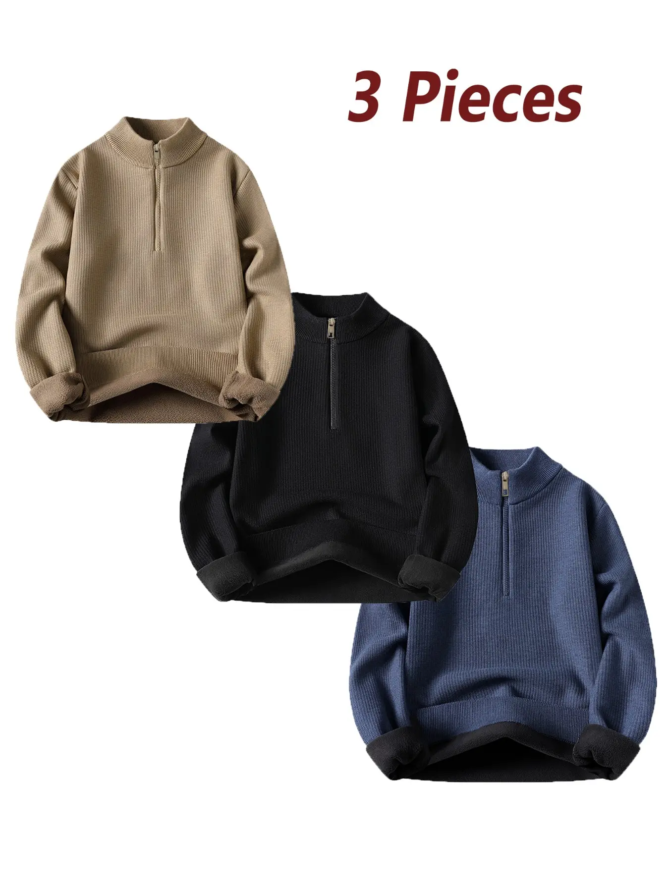 3-Pack Half-Zip Stand Collar Sweater, Windproof Neck Protection, Metal Zipper, Textured Knit, Warm Lining, Fall & Winter Wear