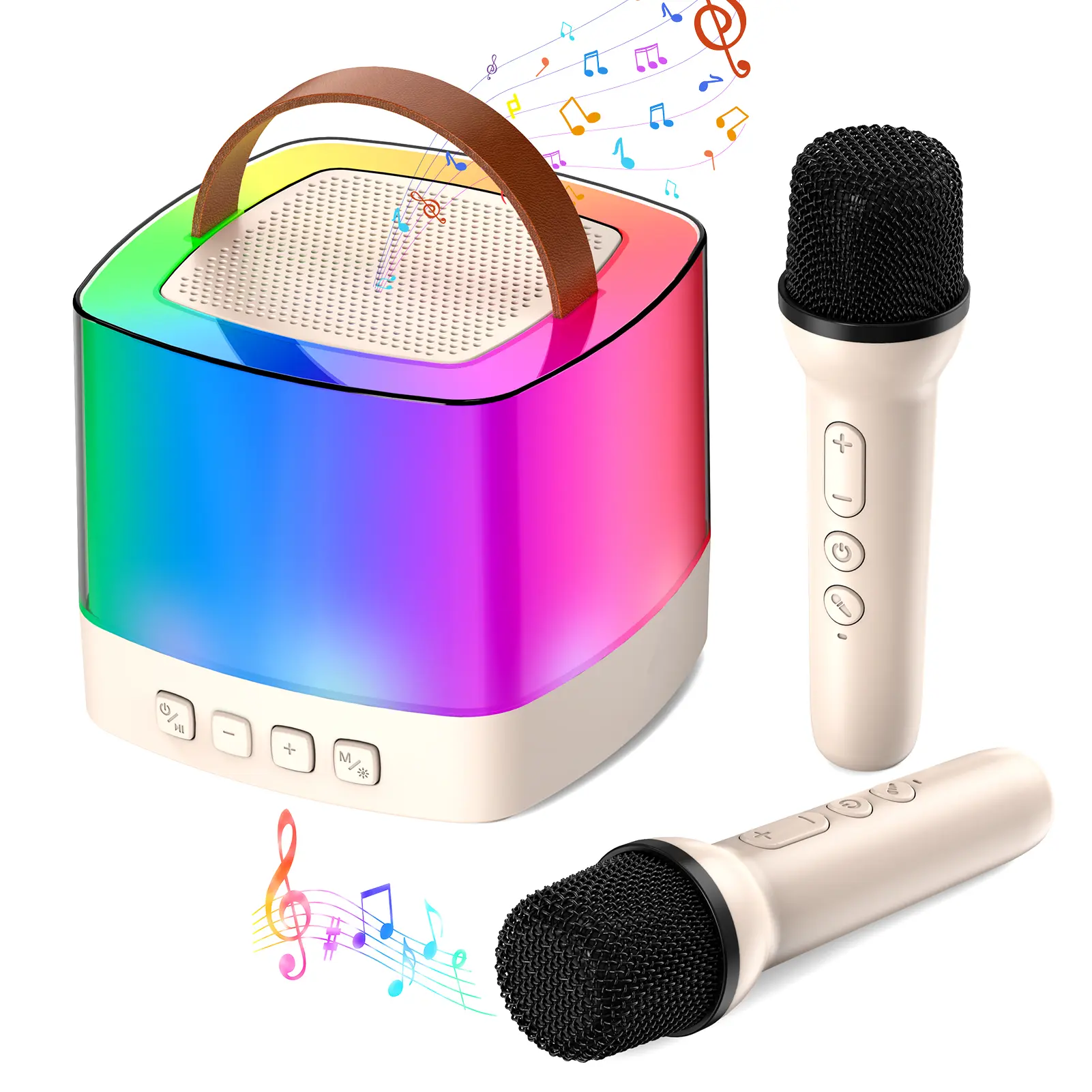 Mini Karaoke Machine with 2 Wireless Mics, LED Lights, Rechargeable Built-in Li-ion Battery, Multifunction Portable Bluetooth Speaker for Unisex Ages 8+ Party Gift, Music Party