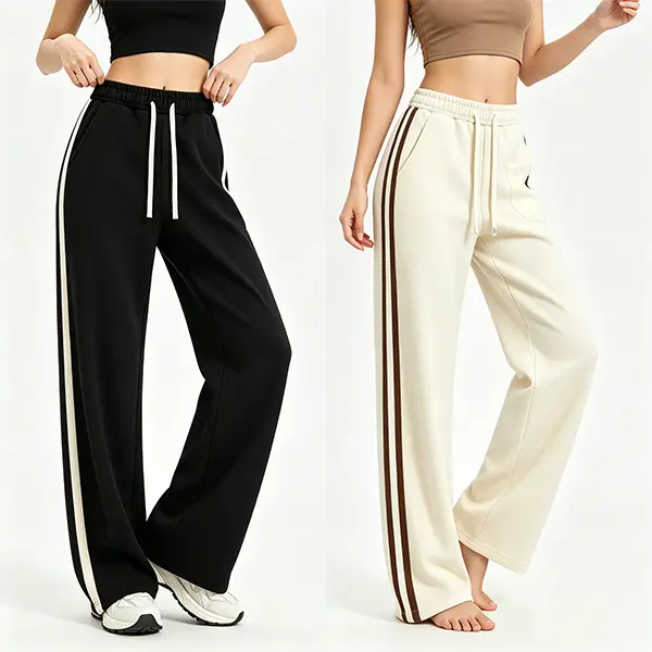 Women's Essential High-Waisted Cropped Wide-Leg Sweatpants - Retro Double Stripes Athletic Bottoms with Comfy Smooth Breathable Knit, Drawstring Waist, Pockets, Adjustable Elastic Fit, Pilling-Resistant, Wrinkle-Resistant, Basic Chic