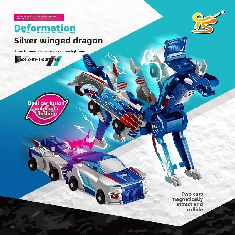 Manual Magnetic Dinosaur Transformation Car Toy, Golden Winged Dragon Two-Car Collision Transform Dual Car Fusion Automatic Flashing, Durable Abs Material, Ideal Gift for Kids
