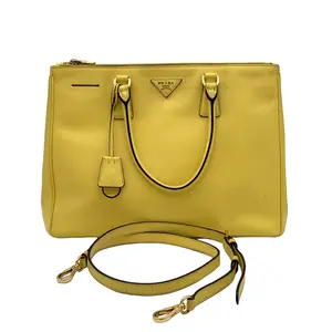 Pre-owned PRADA Leather Tote Double Zip Lux Saffiano Medium Yellow #3512