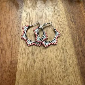 Small Handmade Beaded Hoops - Pink and White Beaded Hoops for Women