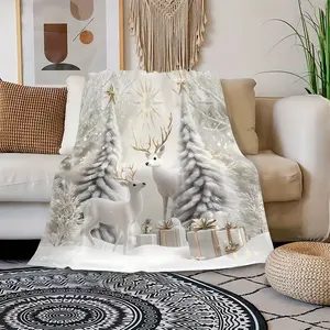 Cozy Christmas Throw Blanket - Super Soft Fleece with Festive Reindeer & Tree Design, Perfect for Couch or Bed, Machine Washable, All-Season Comfort, Christmas Decor