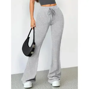 Women's High-Waist Flare Leggings - Tummy Control, Solid Color, Drawstring, High Stretch Sports Leggings for Yoga, Gym, All Seasons Indoor Outdoor Wear