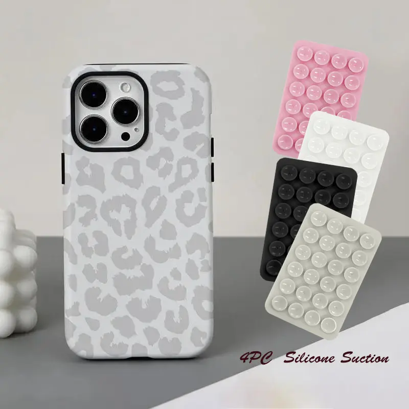 Aesthetic Leopard Print Silicone Suction Smartphone Casing Mount 4PC Set - Protective Handheld Cellphone Devices Accessory for iPhone 11-17 Models
