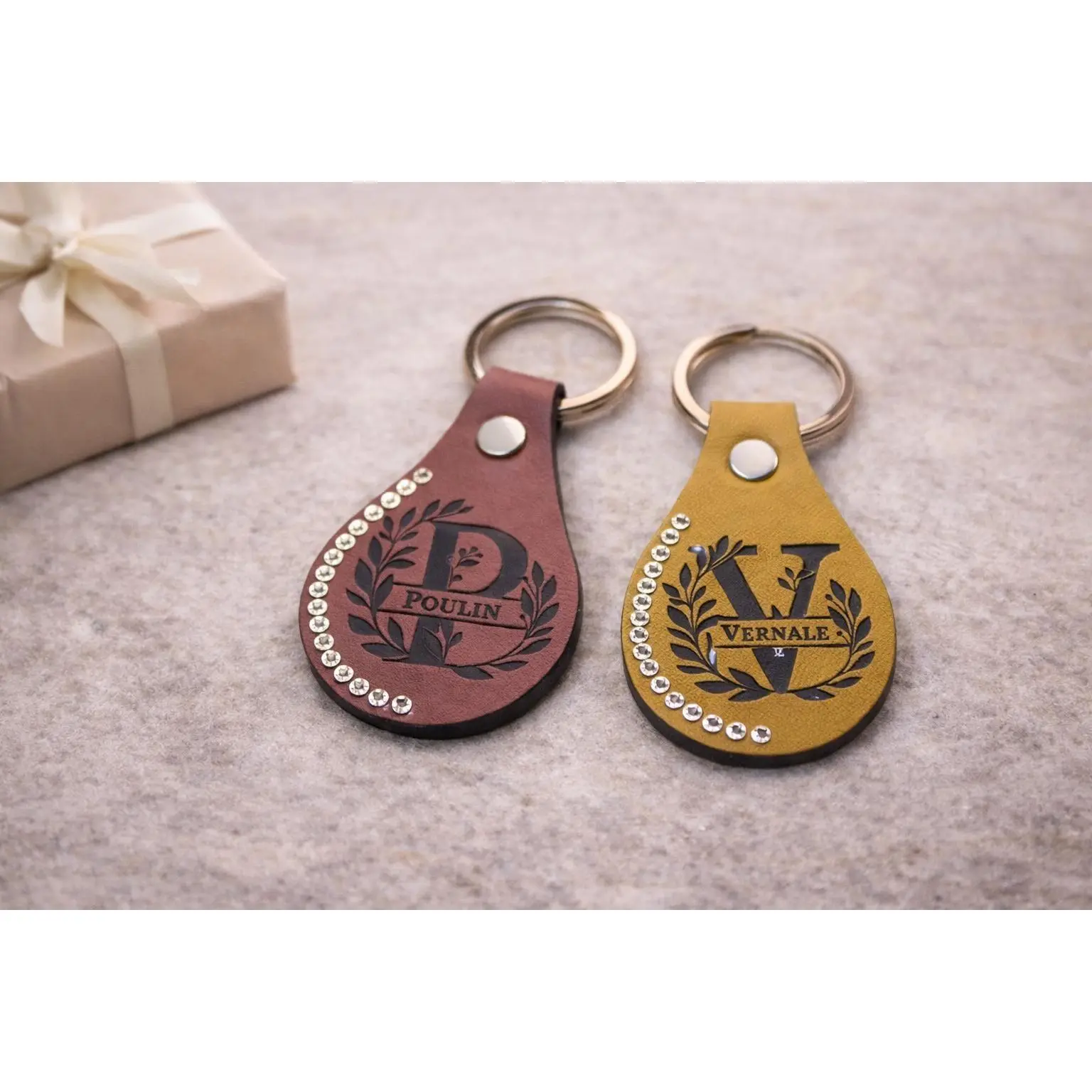 Personalized Faux Leather Keychain – Monogram Wreath, Rhinestone Accent