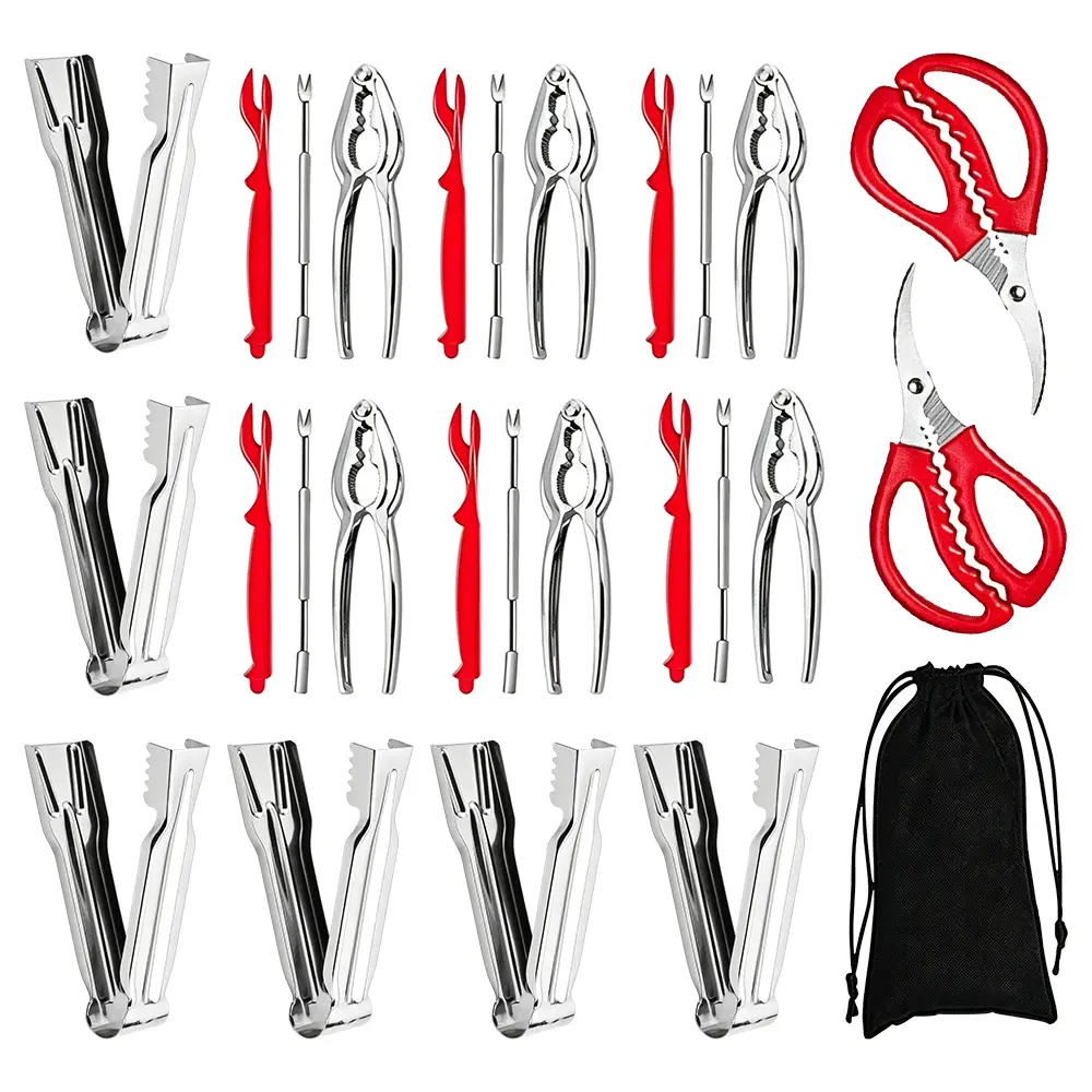 26PCS Crab Crackers and Tools Set, Seafood Boil Party Supplies Includes 6 Crab Crackers, 6 Lobster Shellers, 6 Crab Leg Forks/Picks, 6 Crawfish Peeler Tool and 2 Seafood Scissors & Black Storage Bag - Nut Cracker Set