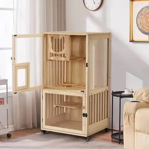 【MCombo】Luxury Wooden Cat House with Scratching Post, Cat Enclosure with Wheels and Escape Door, Indoor Cat Condo for Cats and Kittens