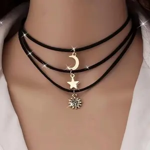 Women's Elegant Retro 3-Piece Copper Planet Necklace Set, Sun Moon Star Pendants Minimalist Stackable Jewelry for Daily & Party Outfits, All-Season Versatile Accessory