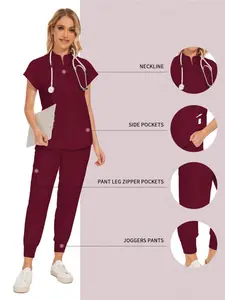Wholesale Fashion Scrub Suits Dental Hospital Uniform Set Solid Color Surgical Gown Pocket V-Neck Scrubs Sets for Women Joggers Pants Suit Summer