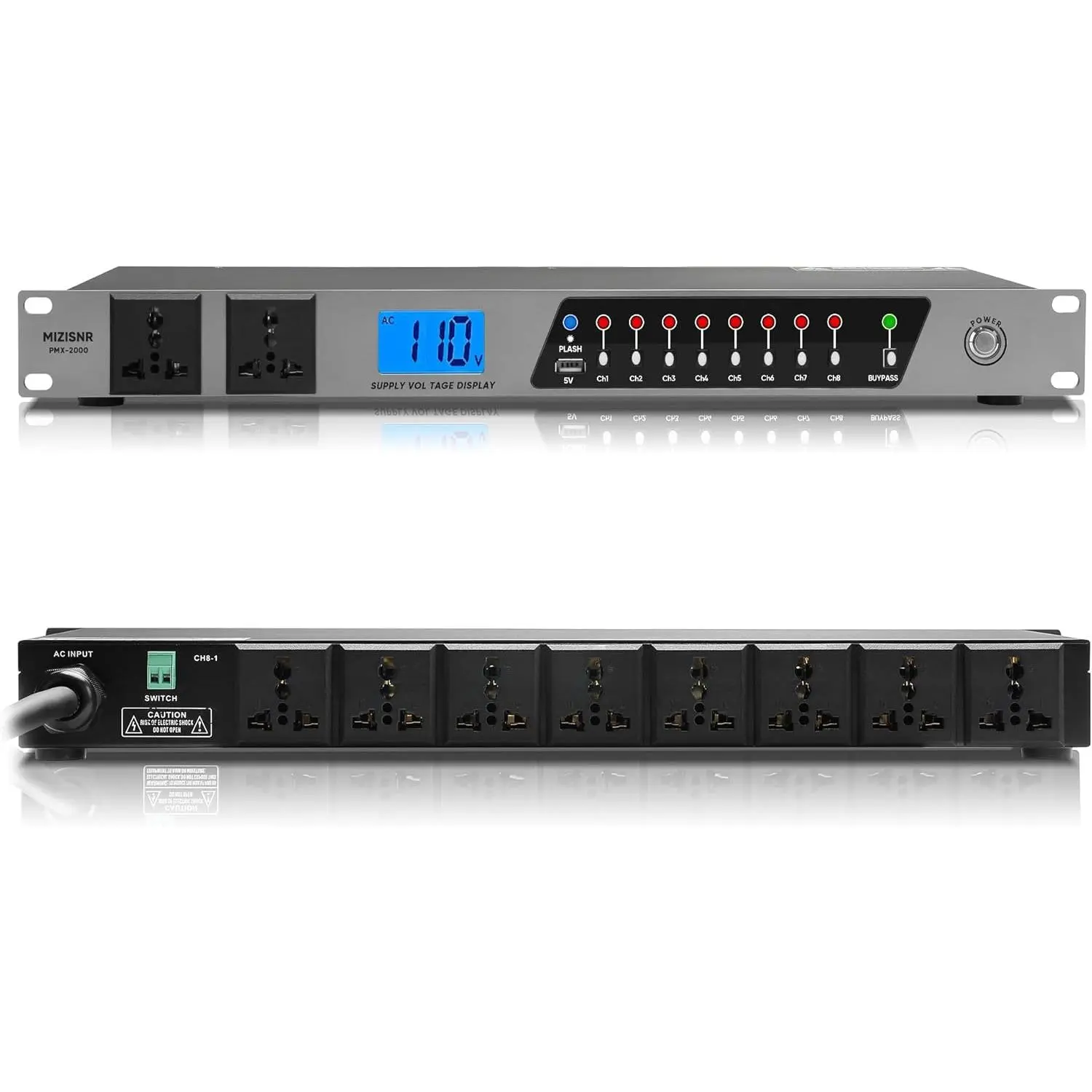Mountable Rack Power Conditioner Surge Protector - 2000W/20A Capacity, 10 Outlets, 8 Independent Switches, 2P Surge Protection, Dry Contact Remote Switch, LCD Display Voltage Monitor, International Compatibility for Audio Equipment, Home Appliances