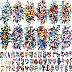 63 Sheets 3D Watercolor Rose Temporary Tattoos For Women Arm Girls Adults, Water Color Peony Flower Tattoo Sticker, Bulk Temp Fake Long Lasting Tattoo Colorful Floral Moon Snake Lion Wolf Tiger