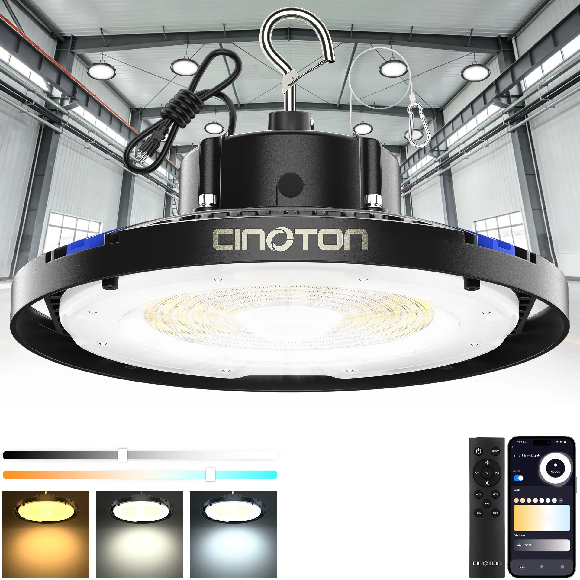 CINOTON Smart UFO LED High Bay Light ,  29400LM Super Bright Shop Lights, 5000K Daylight, US Plug with 16ft Cord, IP65 Waterproof Commercial Lighting for Factory, Garage, Warehouse, Remote Control, Aluminum, Wifi, Light Quality You Can Actually Work Under